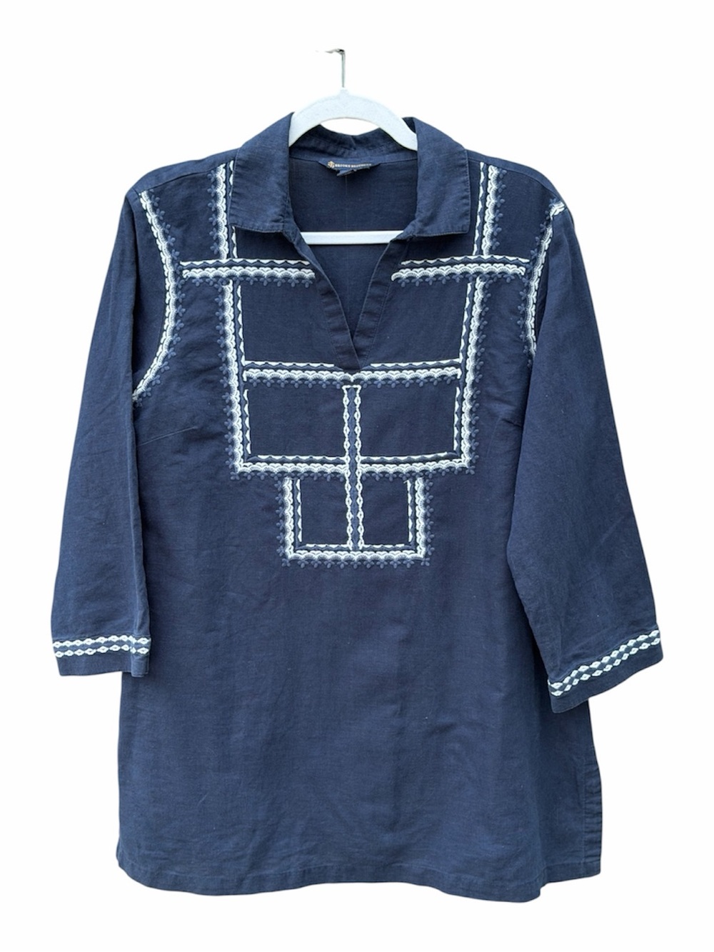 Brooks Brothers Navy Tunic w/ White Geometric Embroidery- Cotton- Linen -